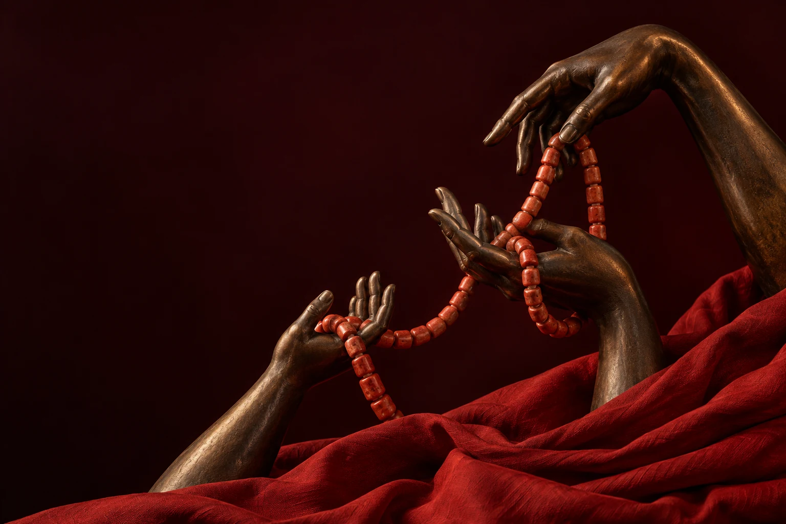 Bronze hands holding a strand of coral beads