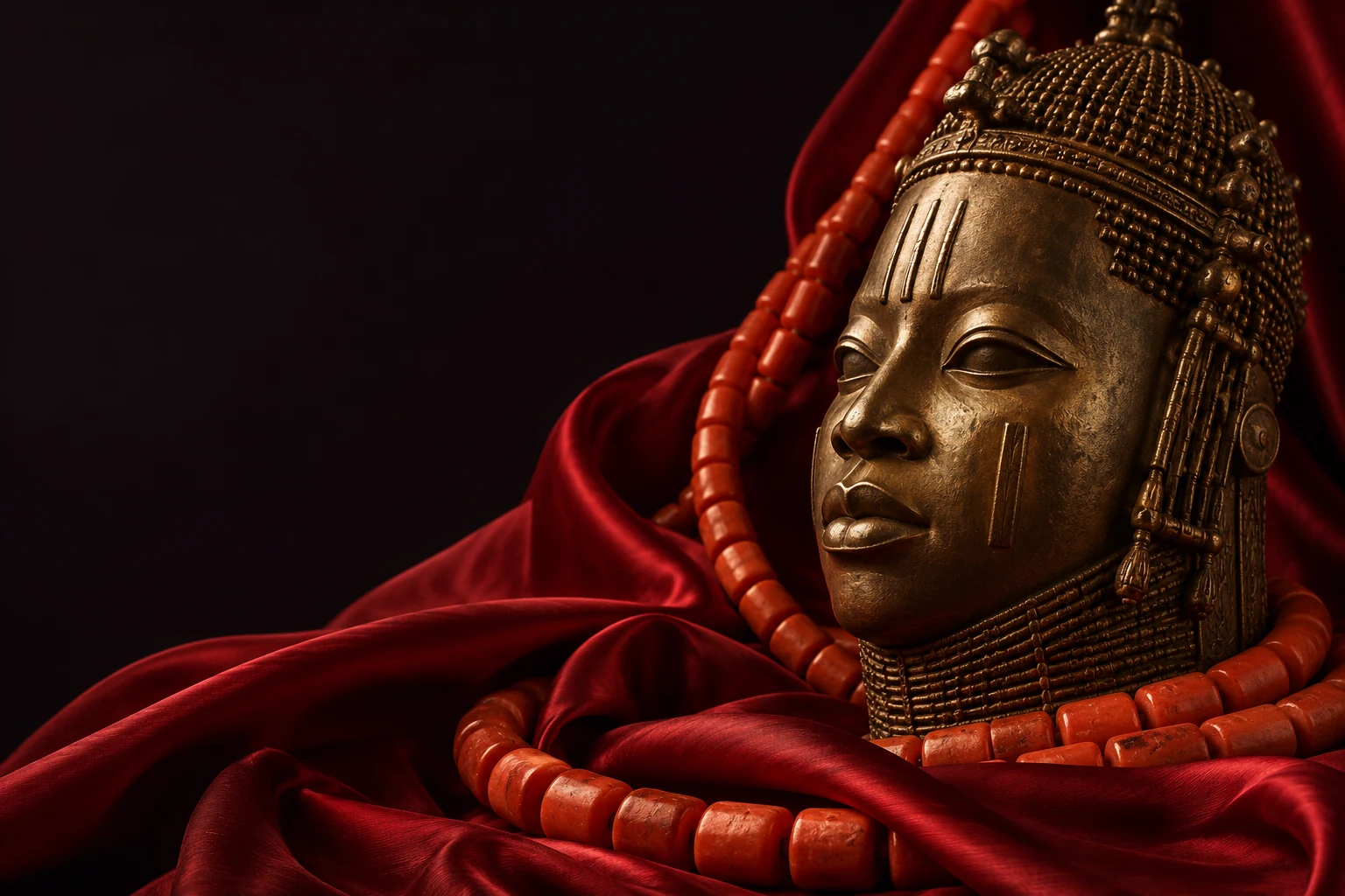 Bronze Edo-inspired artwork draped in coral beads
